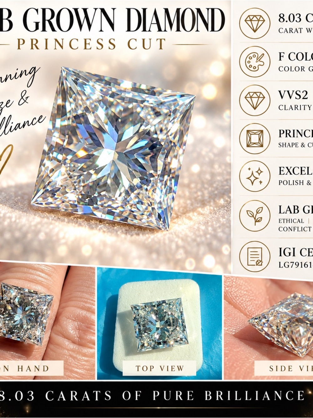 Princess Cut Stud - Clear White 8.03 Carat